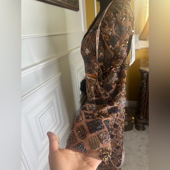 Brown Geo Embellished Midi Sheath Dress - Picture 8 of 15